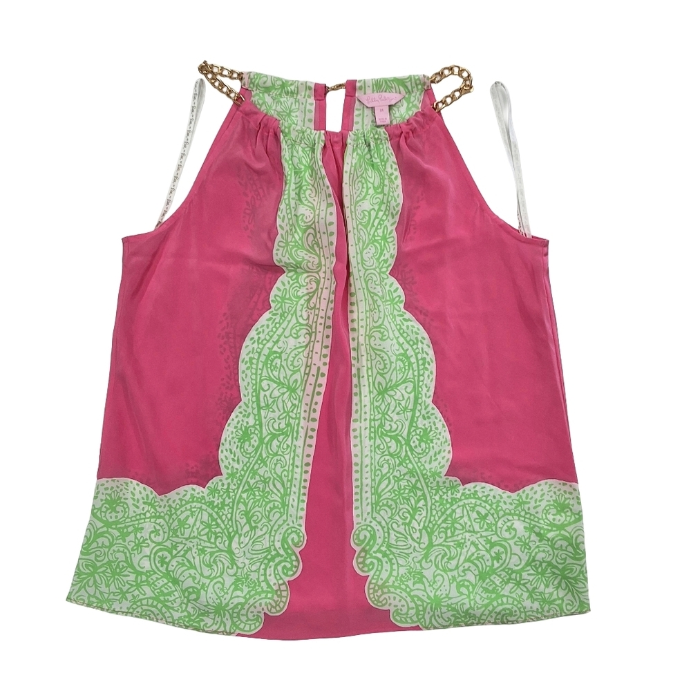 Lilly Pulitzer~Women Riviera Hotty Pink Day Breakers Tank Top~Silk~Lime Green~M - Picture 2 of 7